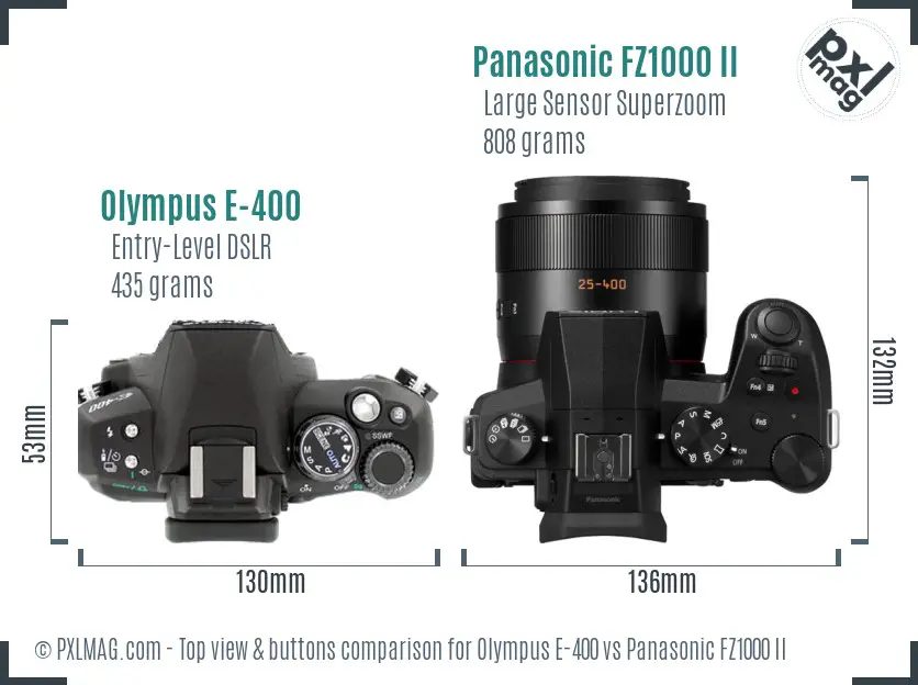 Olympus E-400 vs Panasonic FZ1000 II top view buttons comparison