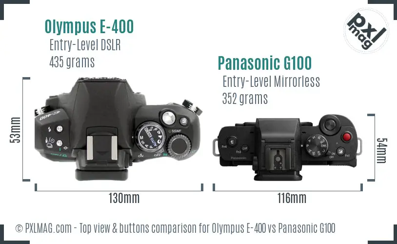 Olympus E-400 vs Panasonic G100 top view buttons comparison