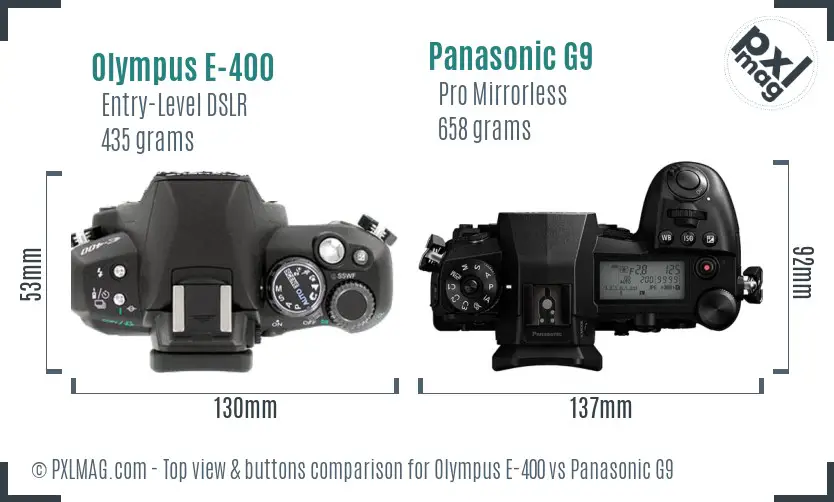 Olympus E-400 vs Panasonic G9 top view buttons comparison