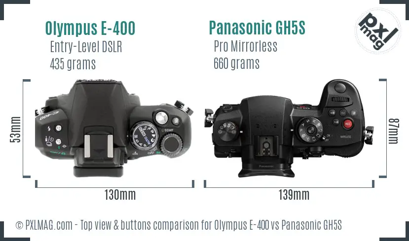 Olympus E-400 vs Panasonic GH5S top view buttons comparison