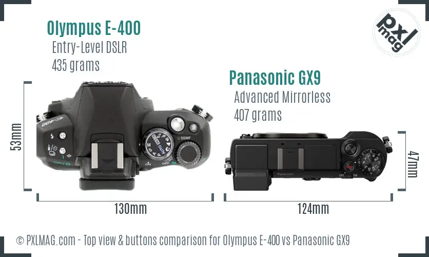 Olympus E-400 vs Panasonic GX9 top view buttons comparison