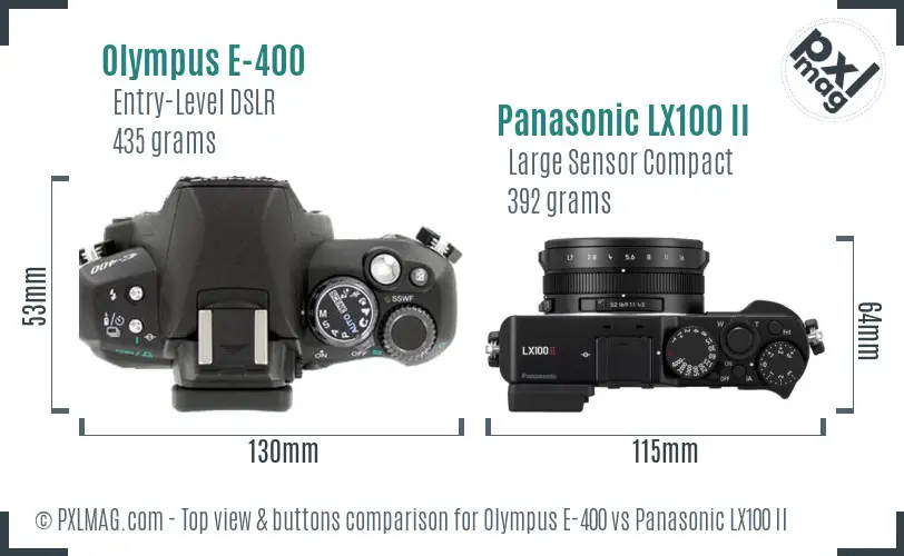 Olympus E-400 vs Panasonic LX100 II top view buttons comparison