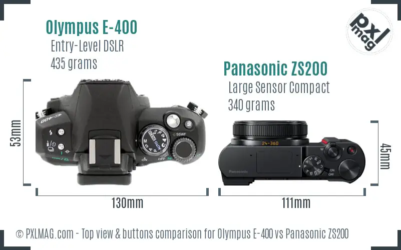 Olympus E-400 vs Panasonic ZS200 top view buttons comparison