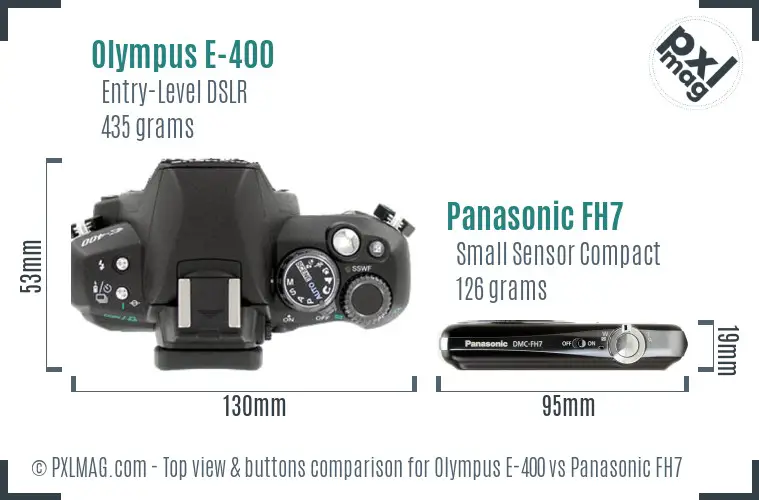 Olympus E-400 vs Panasonic FH7 top view buttons comparison