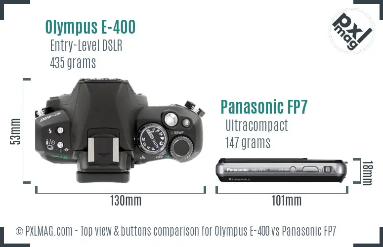 Olympus E-400 vs Panasonic FP7 top view buttons comparison