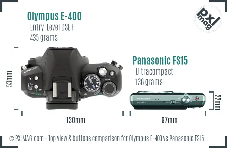 Olympus E-400 vs Panasonic FS15 top view buttons comparison