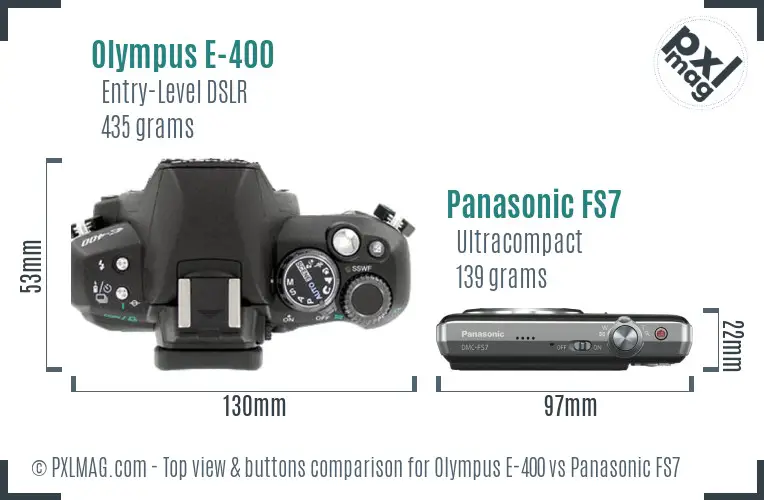 Olympus E-400 vs Panasonic FS7 top view buttons comparison