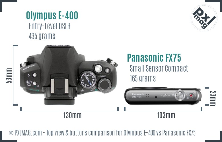 Olympus E-400 vs Panasonic FX75 top view buttons comparison