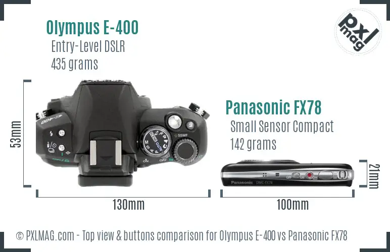 Olympus E-400 vs Panasonic FX78 top view buttons comparison