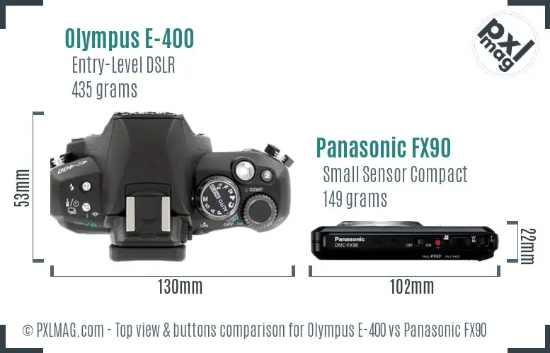 Olympus E-400 vs Panasonic FX90 top view buttons comparison