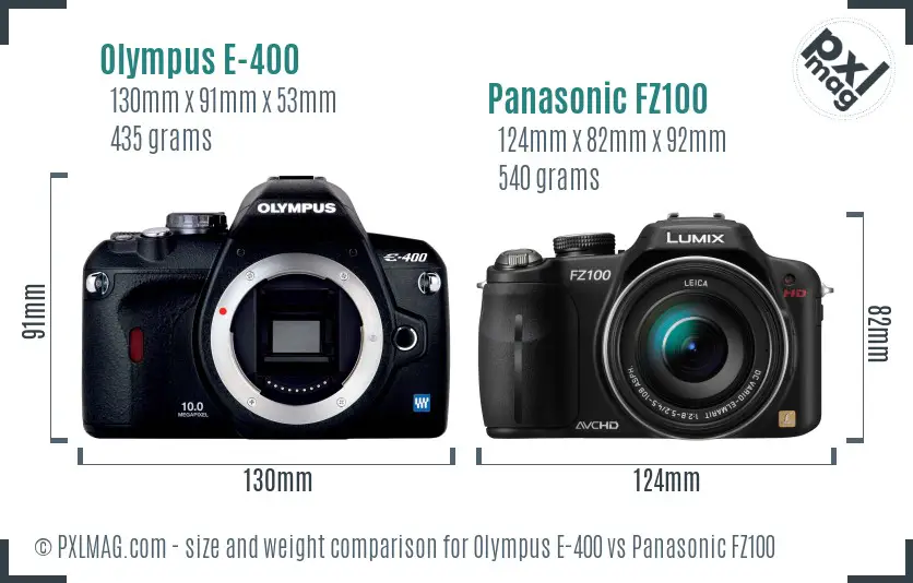 Olympus E-400 vs Panasonic FZ100 size comparison