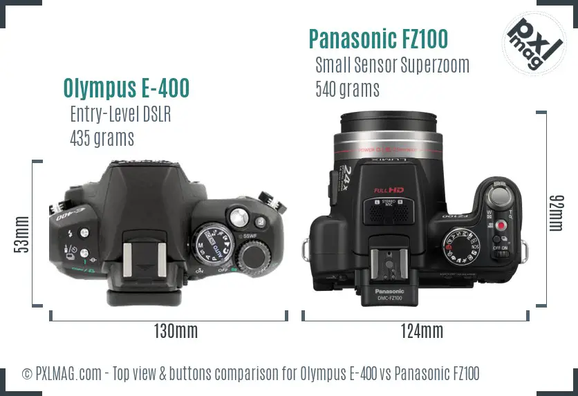 Olympus E-400 vs Panasonic FZ100 top view buttons comparison