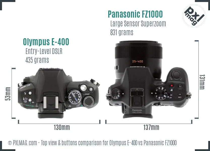 Olympus E-400 vs Panasonic FZ1000 top view buttons comparison