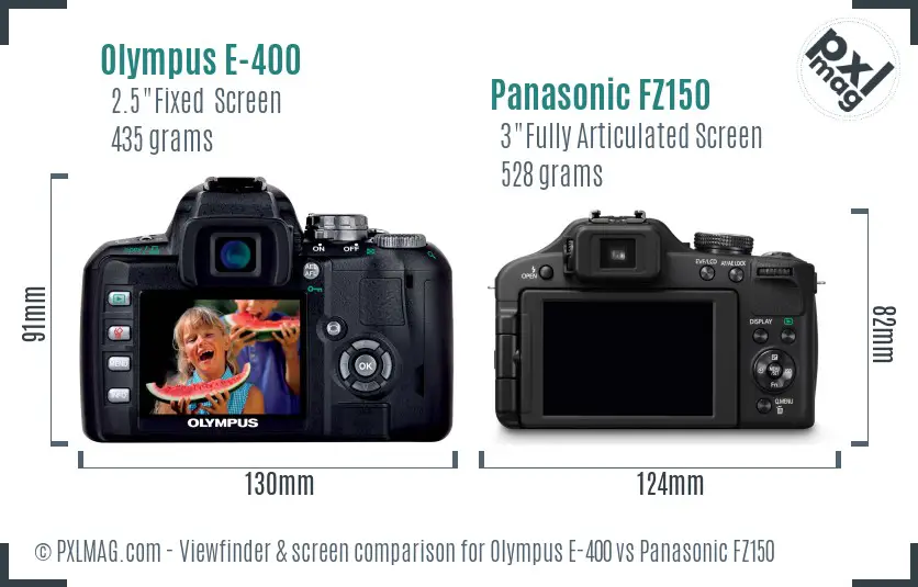 Olympus E-400 vs Panasonic FZ150 Screen and Viewfinder comparison