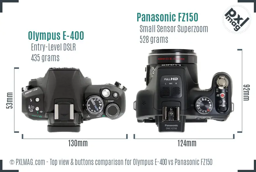 Olympus E-400 vs Panasonic FZ150 top view buttons comparison
