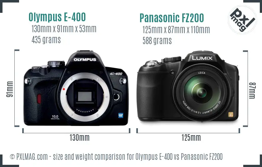 Olympus E-400 vs Panasonic FZ200 size comparison