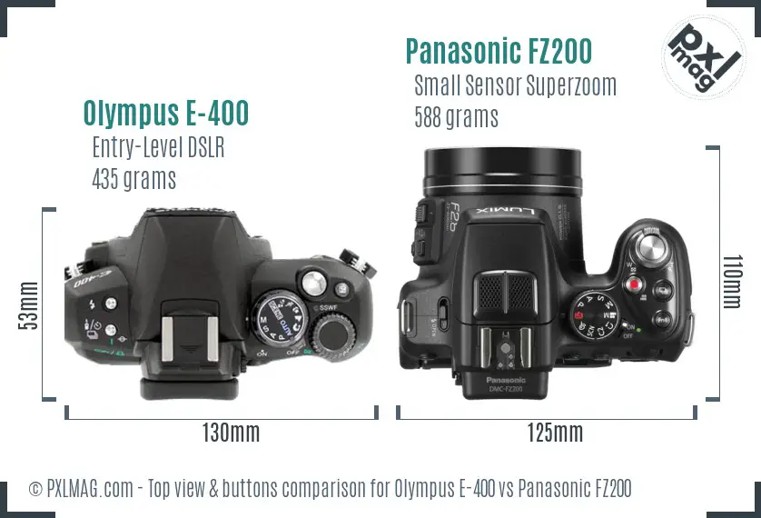 Olympus E-400 vs Panasonic FZ200 top view buttons comparison