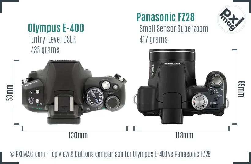 Olympus E-400 vs Panasonic FZ28 top view buttons comparison