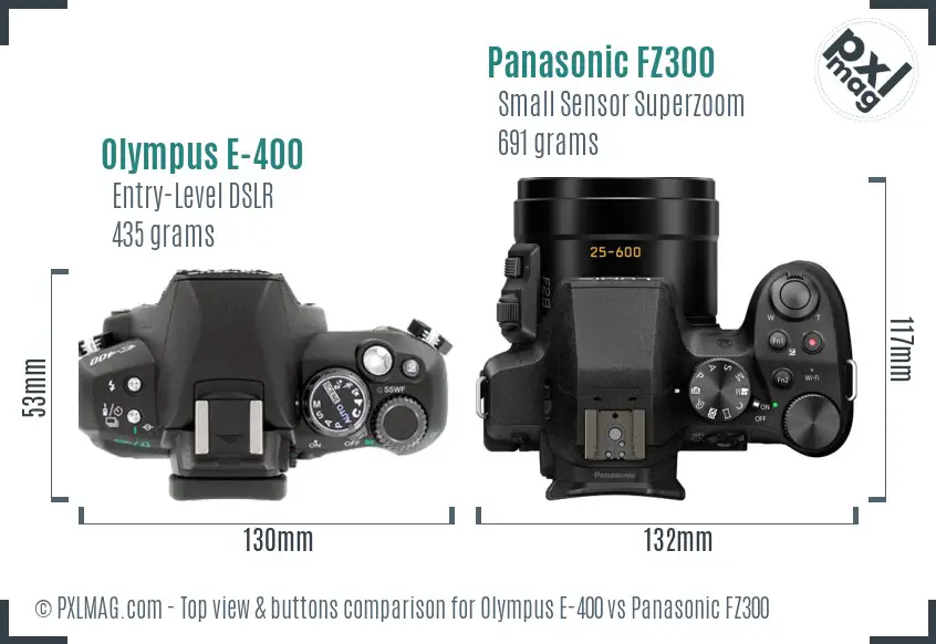 Olympus E-400 vs Panasonic FZ300 top view buttons comparison