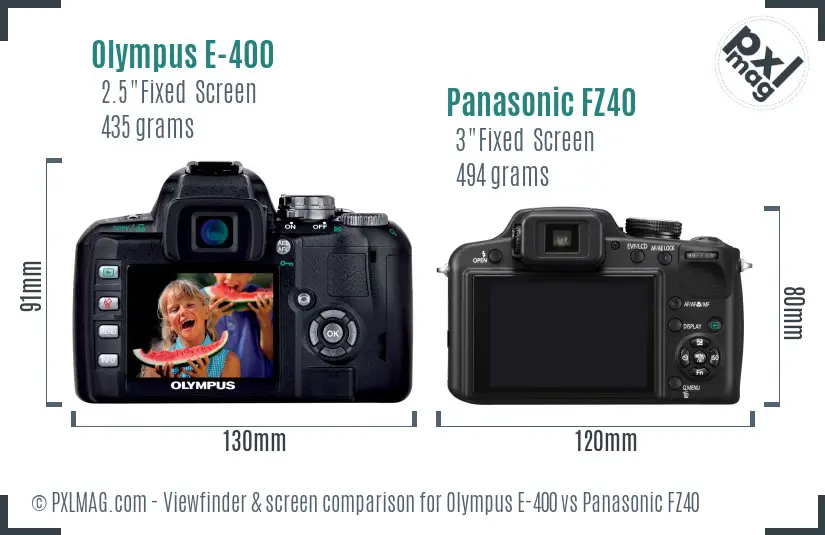 Olympus E-400 vs Panasonic FZ40 Screen and Viewfinder comparison
