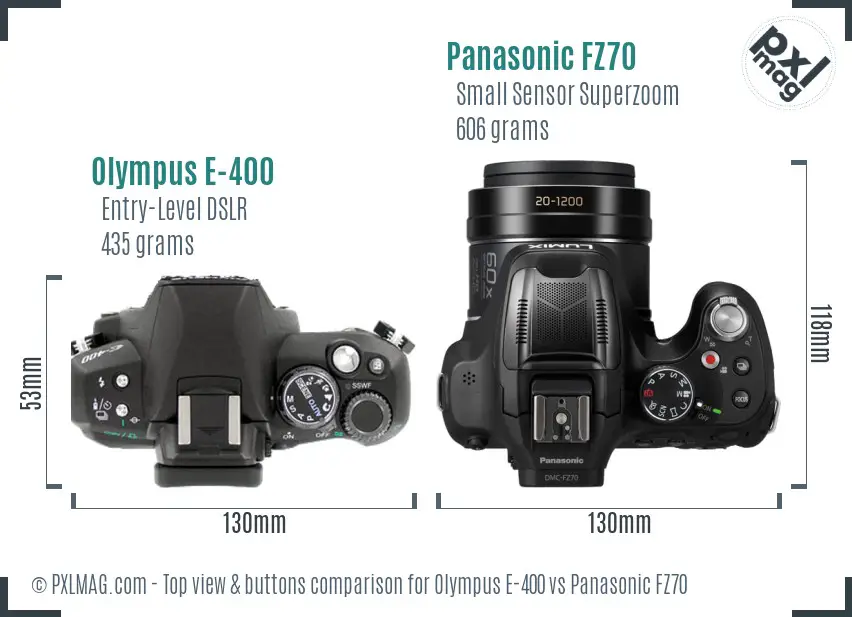 Olympus E-400 vs Panasonic FZ70 top view buttons comparison