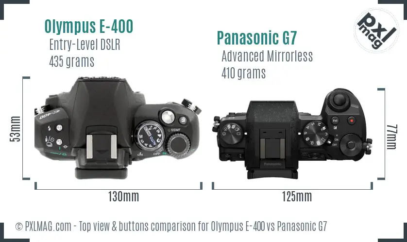 Olympus E-400 vs Panasonic G7 top view buttons comparison