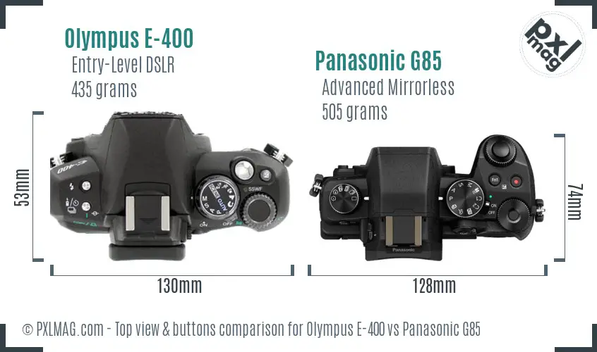 Olympus E-400 vs Panasonic G85 top view buttons comparison