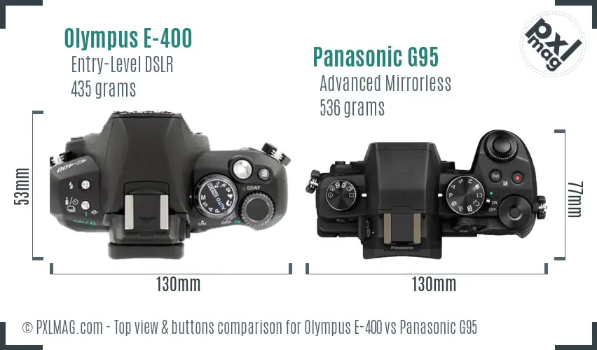 Olympus E-400 vs Panasonic G95 top view buttons comparison