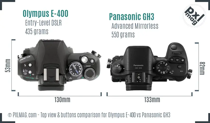 Olympus E-400 vs Panasonic GH3 top view buttons comparison