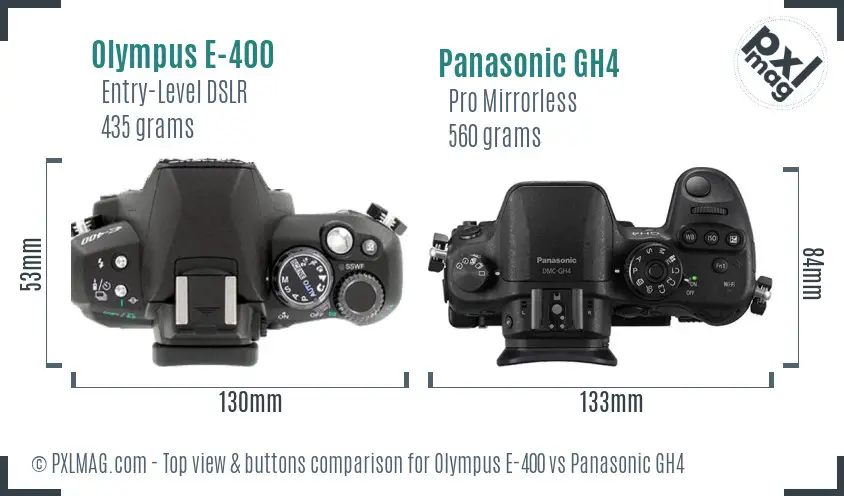 Olympus E-400 vs Panasonic GH4 top view buttons comparison