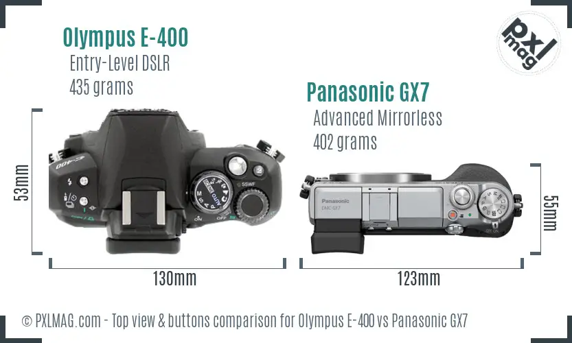 Olympus E-400 vs Panasonic GX7 top view buttons comparison