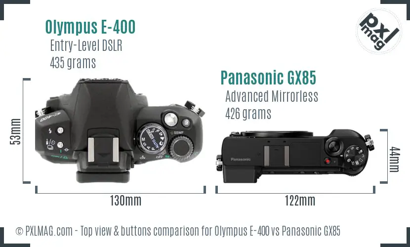Olympus E-400 vs Panasonic GX85 top view buttons comparison Olympus E-400 vs Panasonic GX85 top view buttons comparison