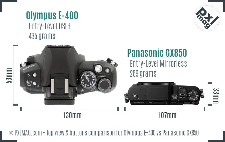 Olympus E-400 vs Panasonic GX850 top view buttons comparison