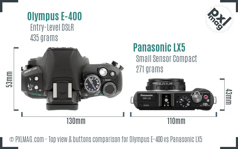 Olympus E-400 vs Panasonic LX5 top view buttons comparison