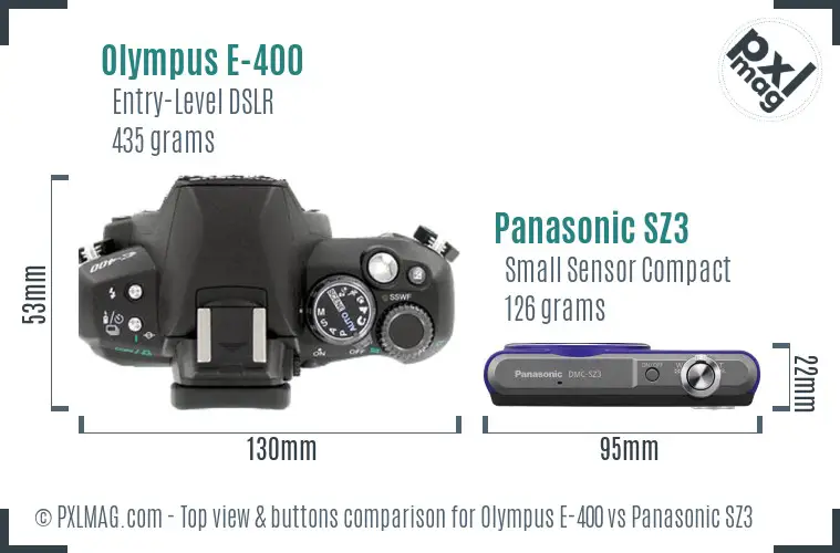 Olympus E-400 vs Panasonic SZ3 top view buttons comparison