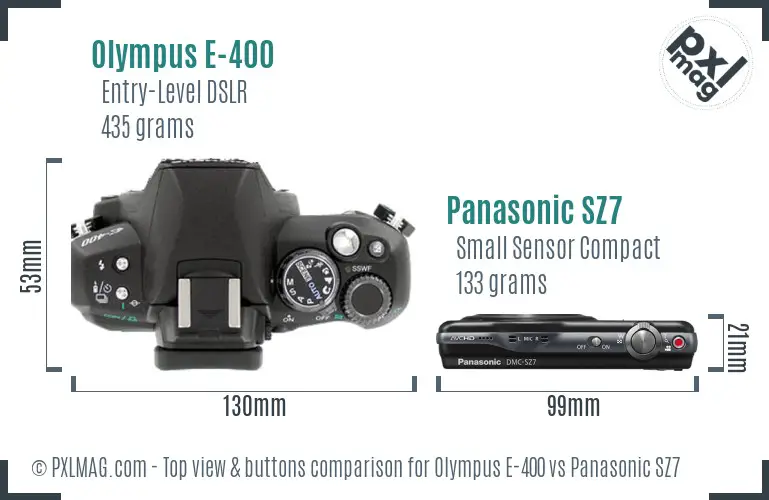Olympus E-400 vs Panasonic SZ7 top view buttons comparison
