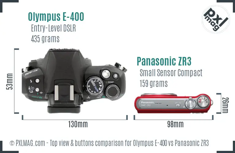 Olympus E-400 vs Panasonic ZR3 top view buttons comparison