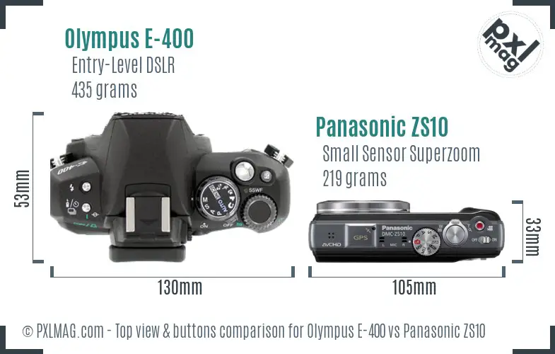 Olympus E-400 vs Panasonic ZS10 top view buttons comparison
