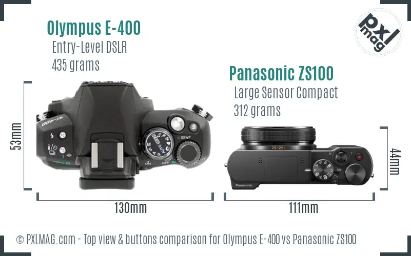 Olympus E-400 vs Panasonic ZS100 top view buttons comparison