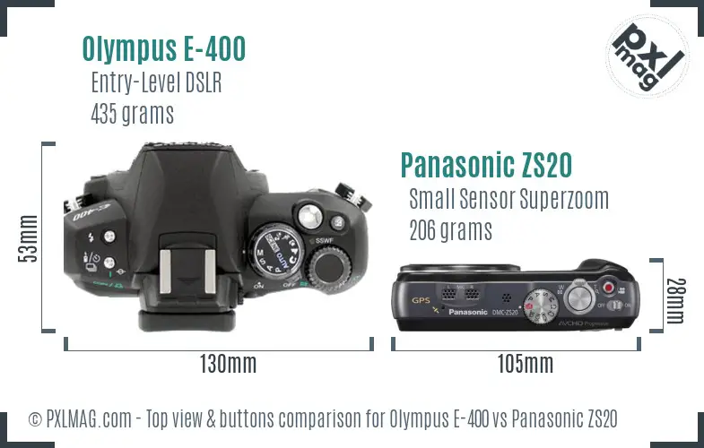 Olympus E-400 vs Panasonic ZS20 top view buttons comparison