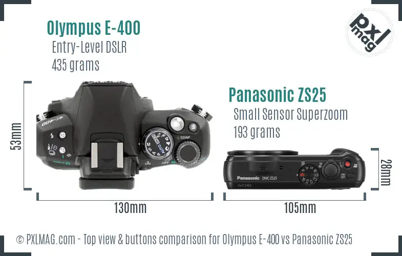 Olympus E-400 vs Panasonic ZS25 top view buttons comparison