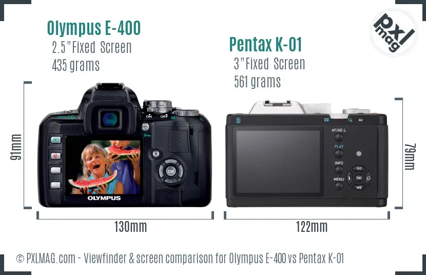 Olympus E-400 vs Pentax K-01 Screen and Viewfinder comparison