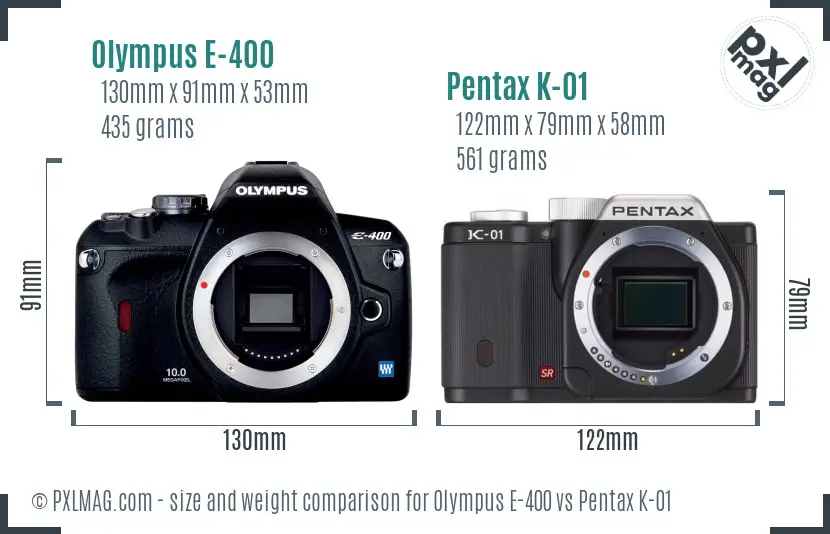 Olympus E-400 vs Pentax K-01 size comparison