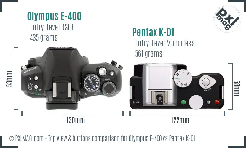 Olympus E-400 vs Pentax K-01 top view buttons comparison