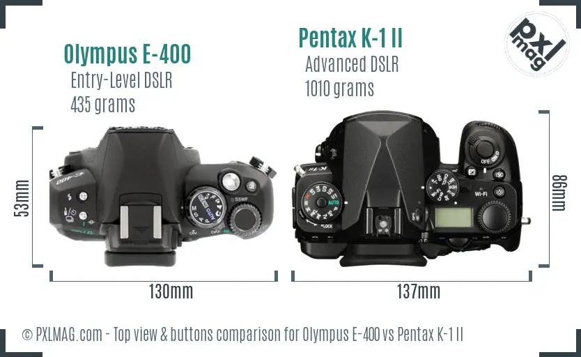 Olympus E-400 vs Pentax K-1 II top view buttons comparison