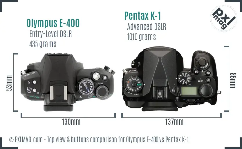 Olympus E-400 vs Pentax K-1 top view buttons comparison