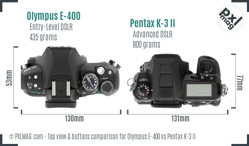 Olympus E-400 vs Pentax K-3 II top view buttons comparison