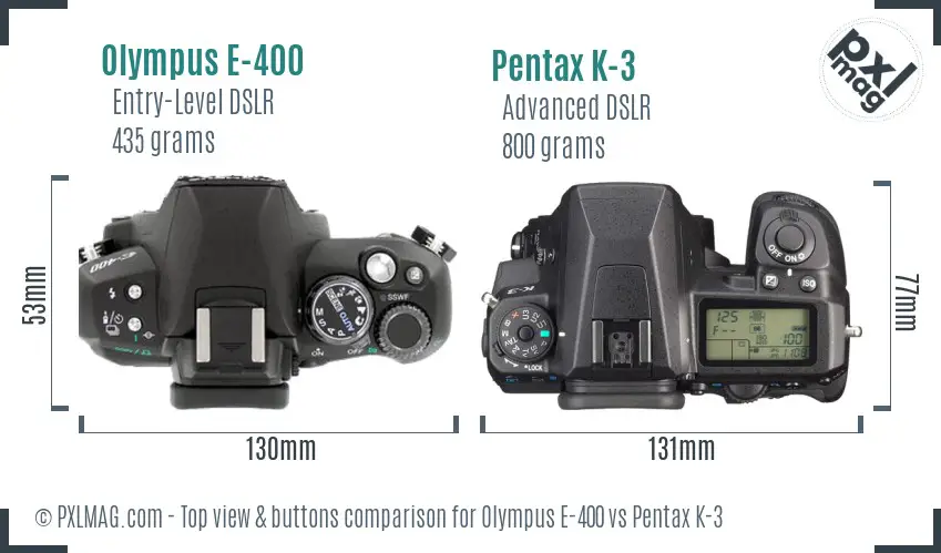 Olympus E-400 vs Pentax K-3 top view buttons comparison