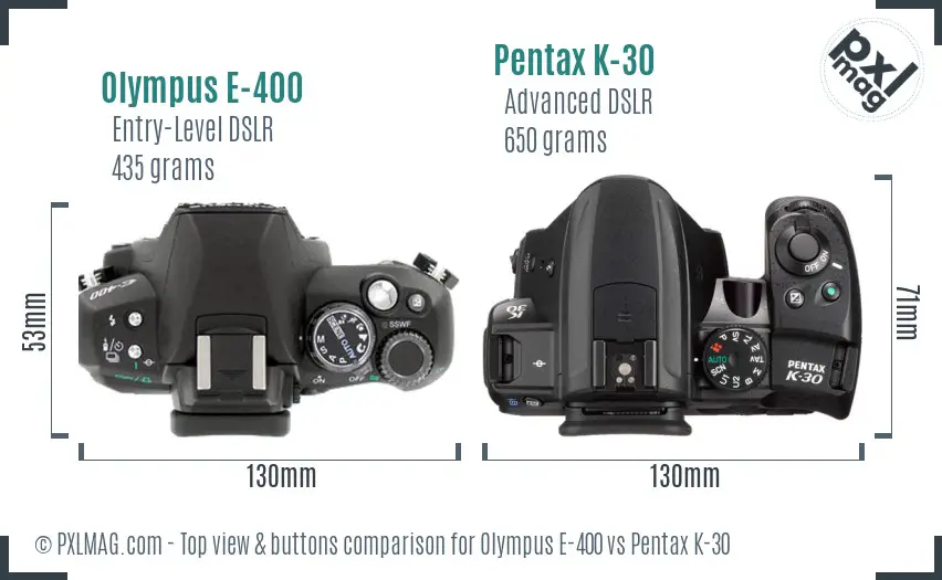 Olympus E-400 vs Pentax K-30 top view buttons comparison