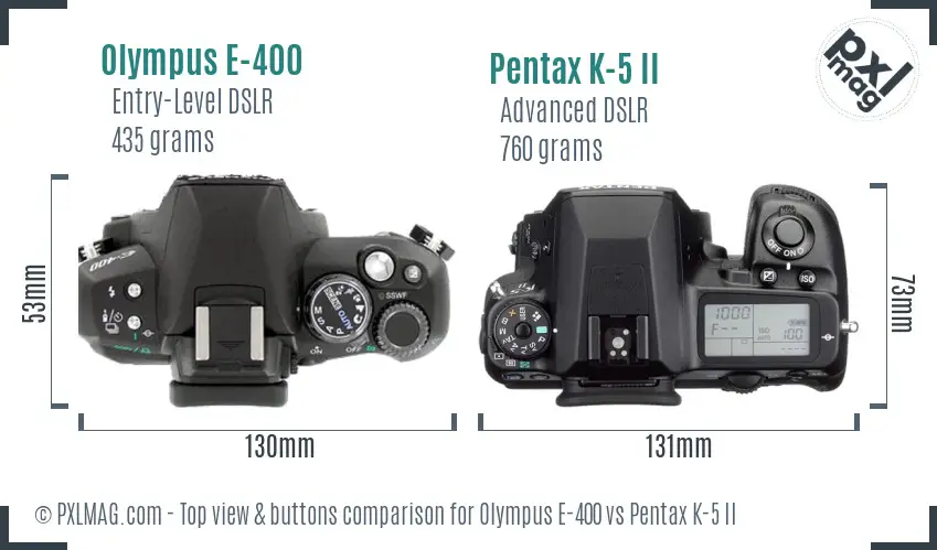 Olympus E-400 vs Pentax K-5 II top view buttons comparison